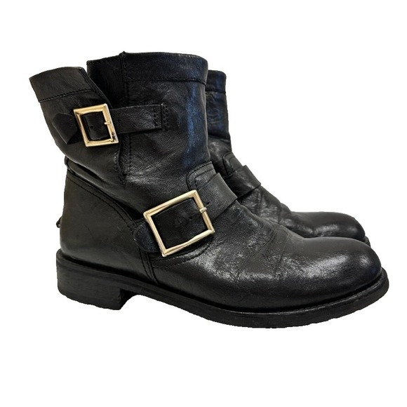 Jimmy Choo Shoes - Jimmy Choo Biker Boot Womens 39 9 Black Leather Ankle Buckles Pull On Moto Edgy